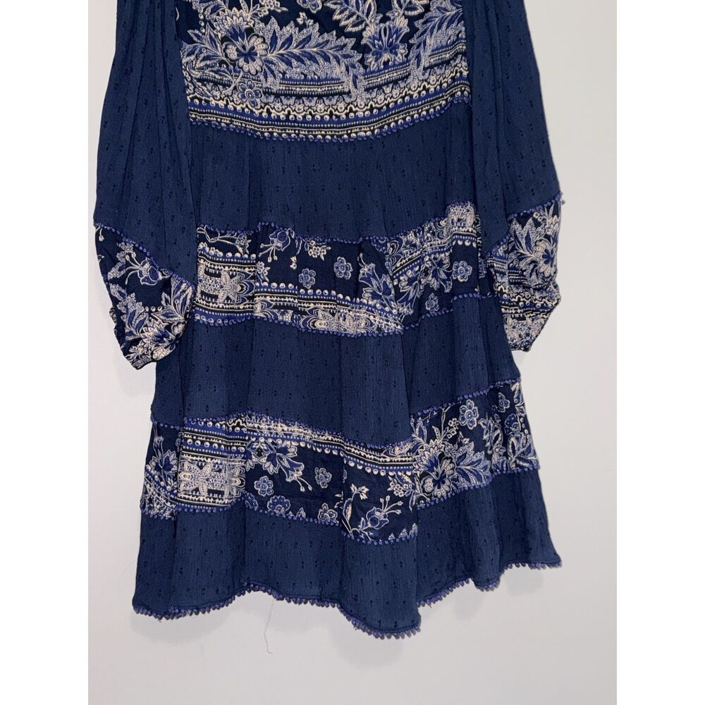 Free People My‎ Love Mini Dress Boho Hippie Balloon Sleeve Blue Floral Patch XS - Picture 11 of 16